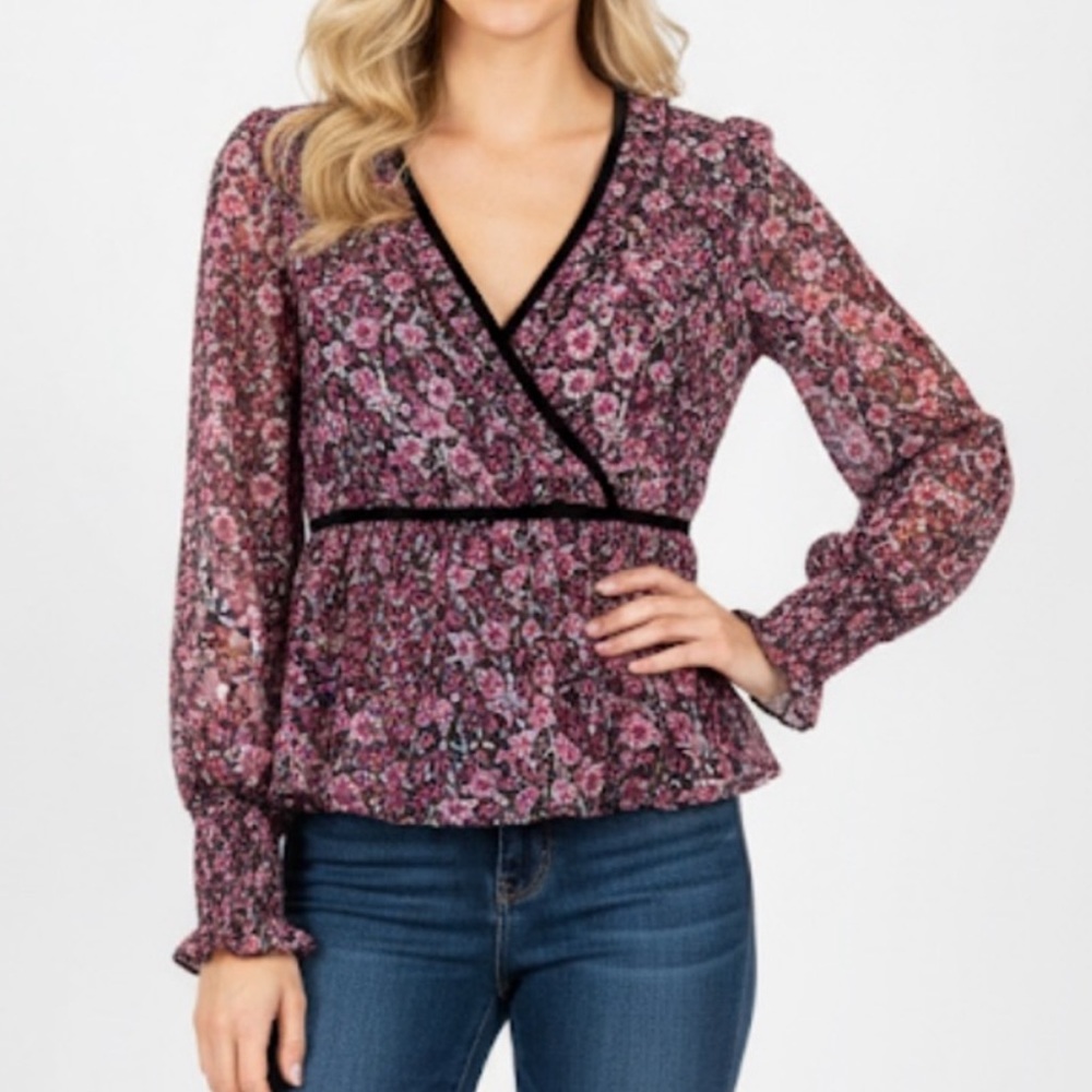 Mi Ami Floral Faux Wrap Blouse with Velvet Trim Detail Size Large